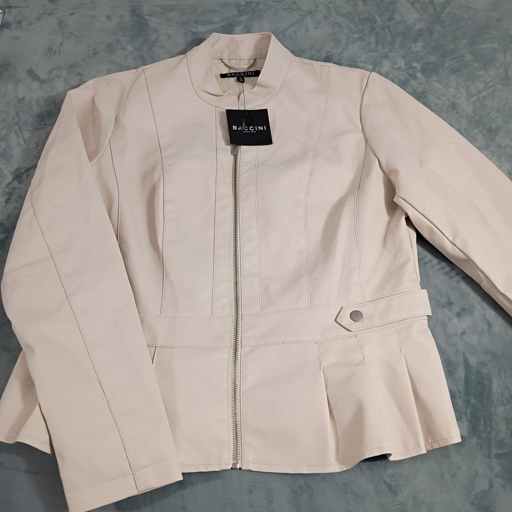 Baccini Women Cream Faux Leather Peplum Jacket Zip Front Mandarin Collar NWT L